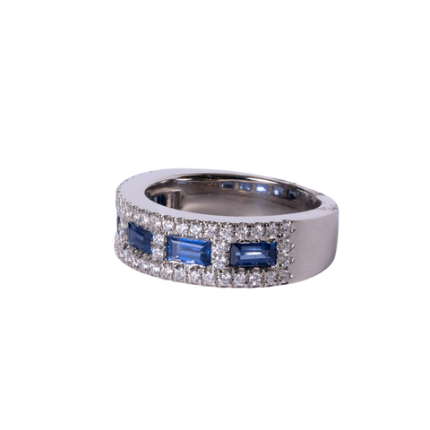 14k White Gold Blue Sapphire Baguette & Diamond Ring