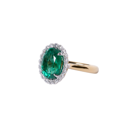 18k Yellow Gold Oval Emerald & Diamond Halo Ring