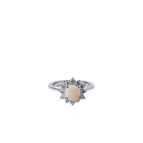 14k White Gold Opal and Diamond Halo Ring
