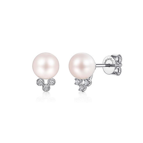 Gabriel & Company 14K White Gold Pearl Post Earrings With Diamond Accents