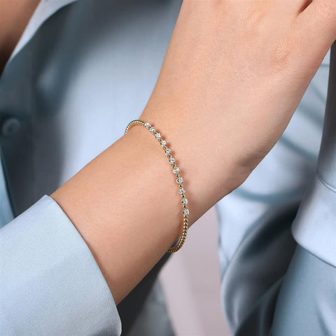 Gabriel & Company 14K Yellow Gold Bujukan Bead Split Cuff Bracelet with Round White Gold Diamond Stations