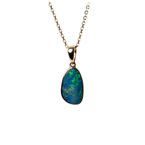 14k Yellow Gold Bezel Set Opal Necklace & Stud Earring Set