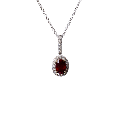 14k White Gold .78ct Oval Ruby & Diamond Halo Necklace