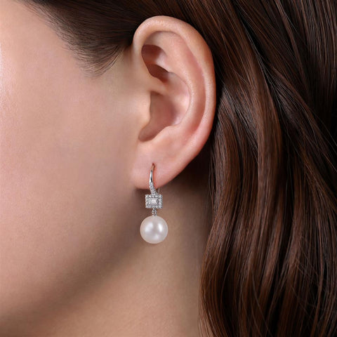 Gabriel & Co 14k White Gold Diamond and Pearl Drop Earrings