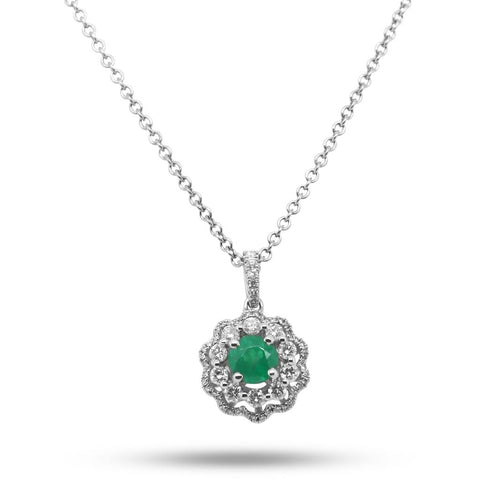 18k White Gold Diamond & Emerald Necklace w/Flower Look
