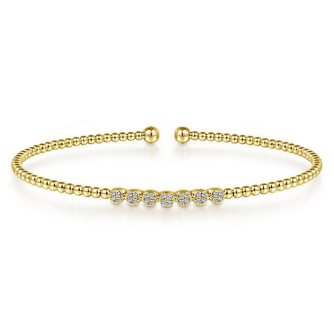 Gabriel & Company 14K Yellow Gold Bujukan Bead Cuff Bracelet with Cluster Diamond Stations