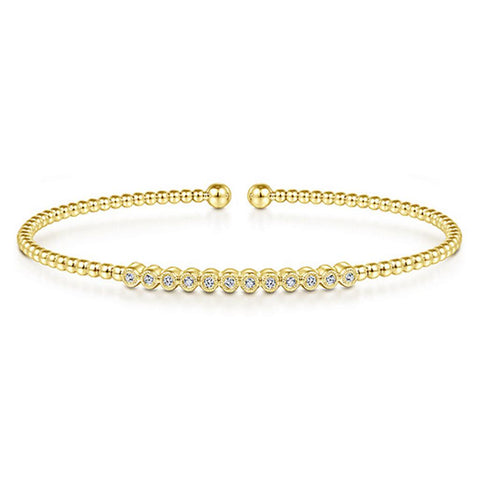 Gabriel & Co 14K Yellow Gold Bujukan Bead Cuff Bracelet with Bezel Set Diamond Stations