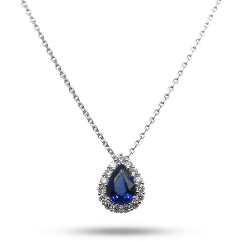 18k White Gold Pear Sapphire & Diamond Halo Necklace