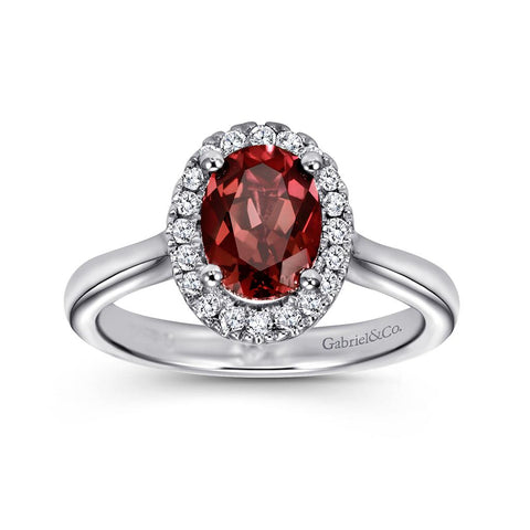 Gabriel & Co. 14k White Gold Classic Oval Garnet and Diamond Halo Ring