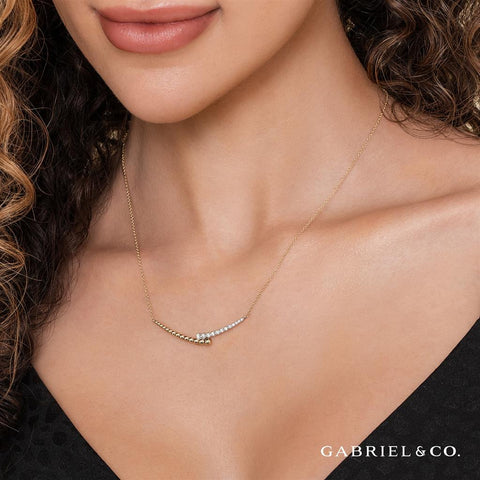 Gabriel & Co. 14K Yellow Gold Diamond By-Pass & Bujukan Bead Curved Bar Necklace