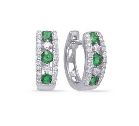 14k White Gold Emerald and Diamond Huggie Earrings