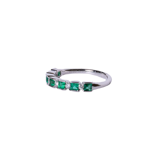 14k White Gold Bezel Set Emerald & Diamond Wedding Band