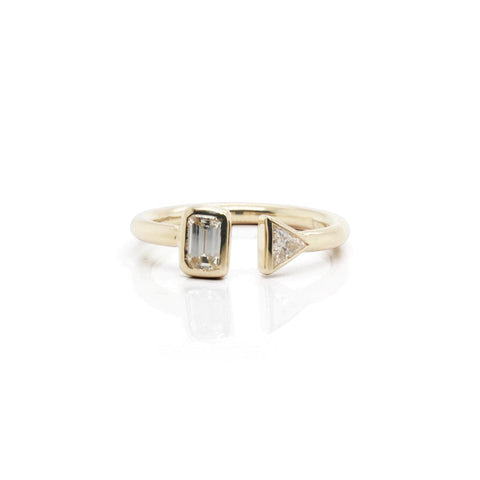 14k Yellow Gold Ring With Bezel Set Emerald Cut Diamond And Bezel Set Trillion Diamond