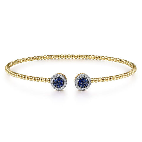 Gabriel & Co. 14K Yellow Gold Bujukan Bead Cuff Bracelet with Sapphire and Diamond Halo Caps