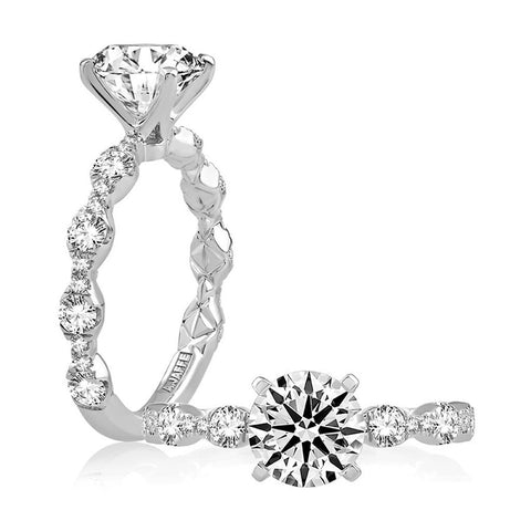 14K White Gold Four Prong Diamond Engagement Ring with Scalloped Band