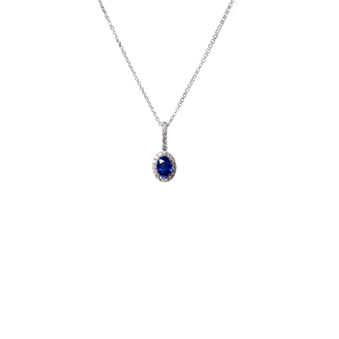 14k White Gold .91ct Oval Cut Blue Sapphire & Diamond Halo Necklace