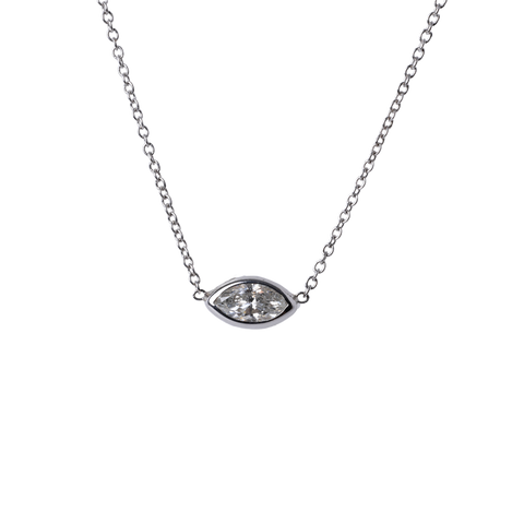14k White Gold Bezel Set East West Marquise Diamond Necklace - .38cttw