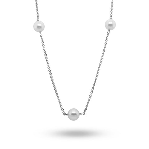 14k White Gold 7 Pearl Station Necklace