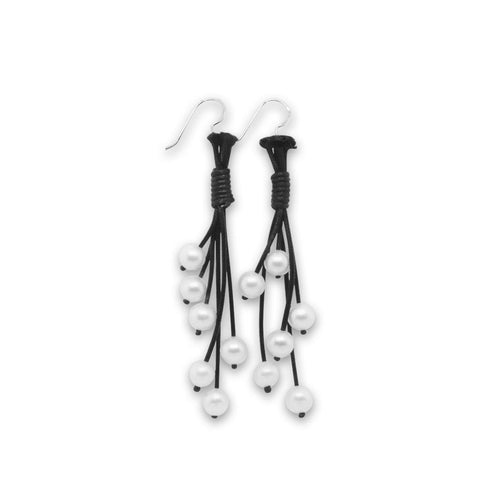 Black Leather Drop Earrings With White Pearls