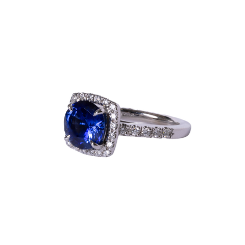 14k White Gold 2.81ct Round Blue Sapphire & Diamond Halo Ring
