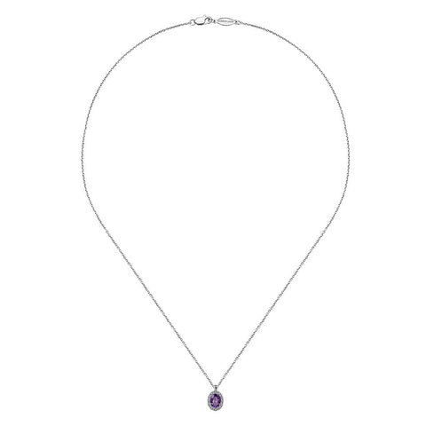 Gabriel & Co 14k White Gold Oval Cut Amethyst and Diamond Halo Necklace
