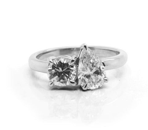 14k White Gold Round & Pear Shape Diamond Two-Stone Ring - 1.68cttw