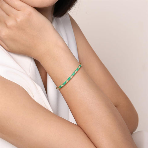 Gabriel & Co. 14k Yellow Gold Bujukan Green Enamel & Diamond Bangle Bracelet - .15cttw