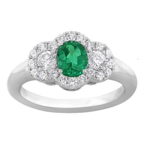 18k White Gold Emerald and Diamond 3 Stone Ring