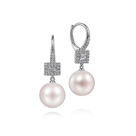 Gabriel & Co 14k White Gold Diamond and Pearl Drop Earrings
