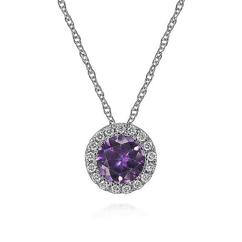 Gabriel & Co. 14k White Gold Amethyst And Diamond Halo Pendant Necklace