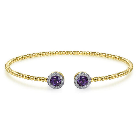 Gabriel & Co. 14K Yellow Gold Round Amethyst and Diamond Halo Bujukan Bangle