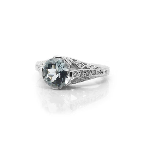 14k White Gold Antique-Style Ring With Aquamarine & Diamonds
