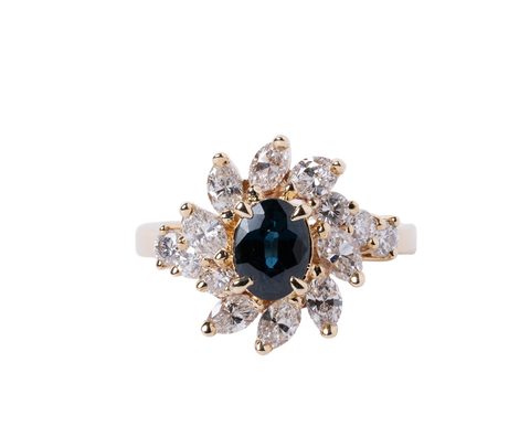 14k Yellow Gold Oval Blue Sapphire and Diamond Ring