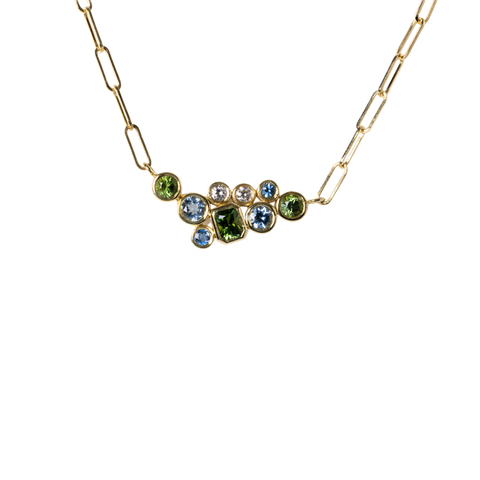 Lauren K. 18k Yellow Gold Bezel Set Aquamarine & GreenTourmaline Bubble Necklace