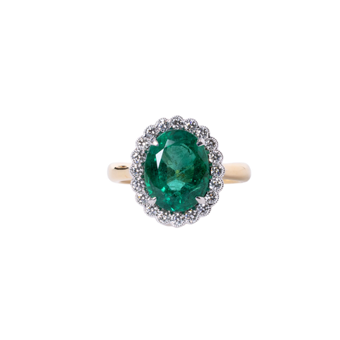 18k Yellow Gold Oval Emerald & Diamond Halo Ring