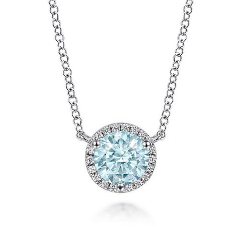 Gabriel & Co. 14k White Gold Round Aquamarine And Diamond Halo Pendant Necklace