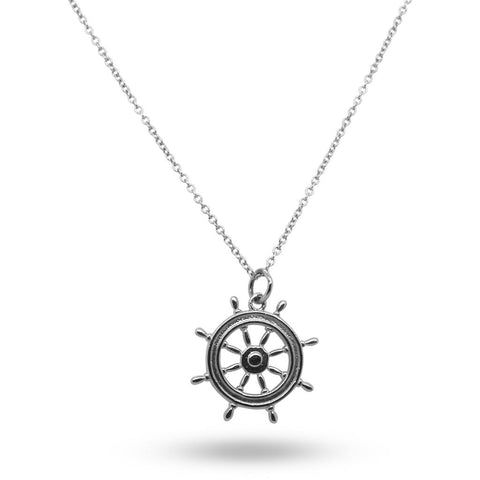 14k White Gold Ships Wheel Necklace