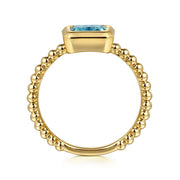 Gabriel & Co. 14k Yellow Gold Bujukan Bezel Set Blue Topaz and Beaded Shank Ring