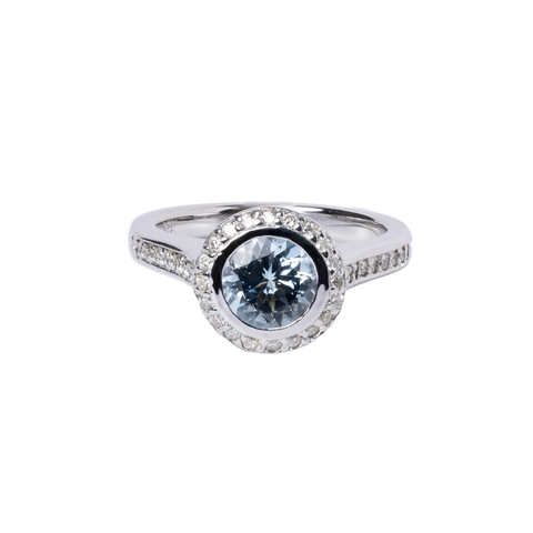 14k White Gold Aquamarine & Diamond Halo Ring