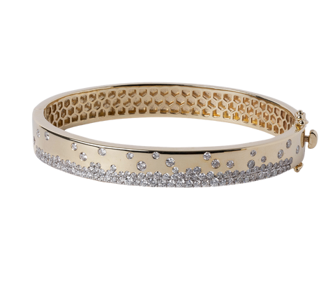 14k Yellow Gold Scattered Diamond Hinged Bangle Bracelet - 1.91cttw