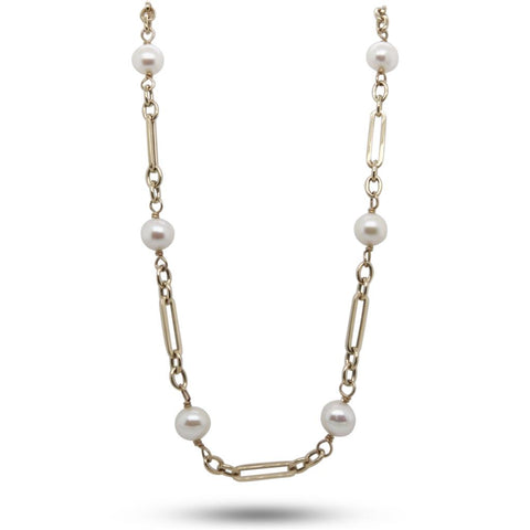 14k Yellow Gold Chain Link Pearl Necklace