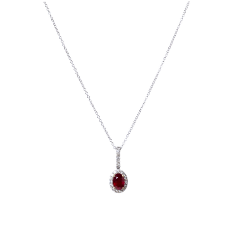 14k White Gold .78ct Oval Ruby & Diamond Halo Necklace