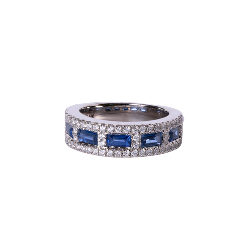14k White Gold Blue Sapphire Baguette & Diamond Ring
