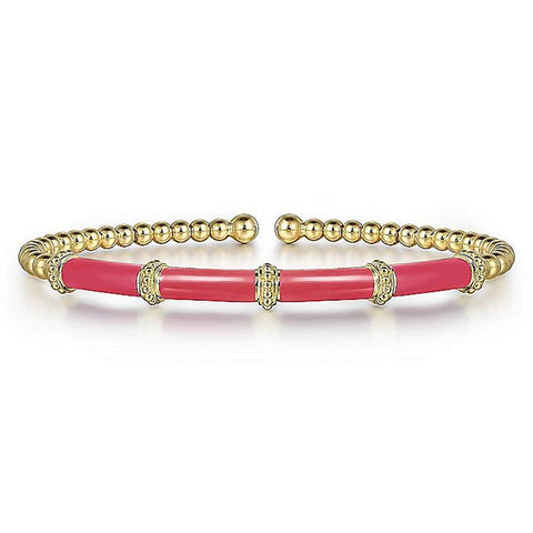 Gabriel & Co. 14K Yellow Gold Bujukan Beads Split Bangle with Pink Enamel