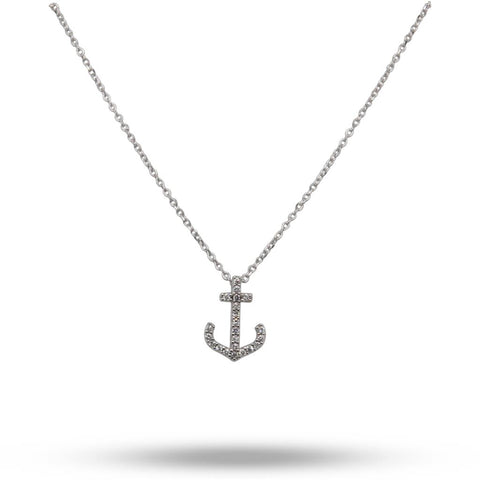 14k White Gold Diamond Anchor Necklace