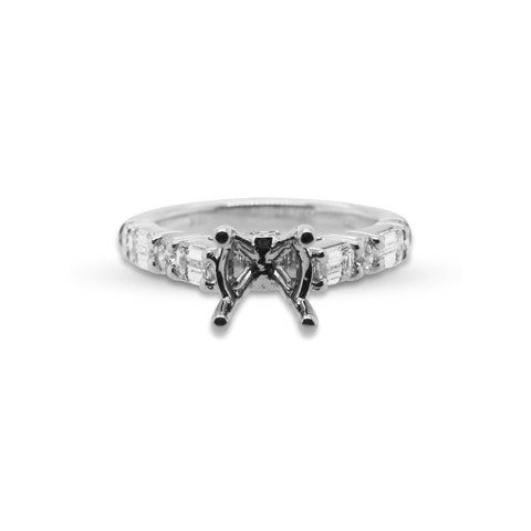 18k White Gold Diamond Engagement Semi-Mount Ring Emerald Cut & Round Diamonds