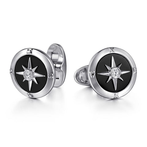 Gabriel & Co. Sterling Silver Black Onyx & Diamond Compass Cuff Links - .09cttw