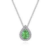 Gabriel & Co. 14k White Gold Pear Shaped Emerald and Diamond Halo Necklace