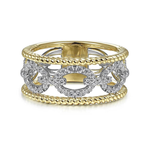 Gabriel & Co. 14K White-Yellow Gold Diamond Link and Twisted Rope Ring